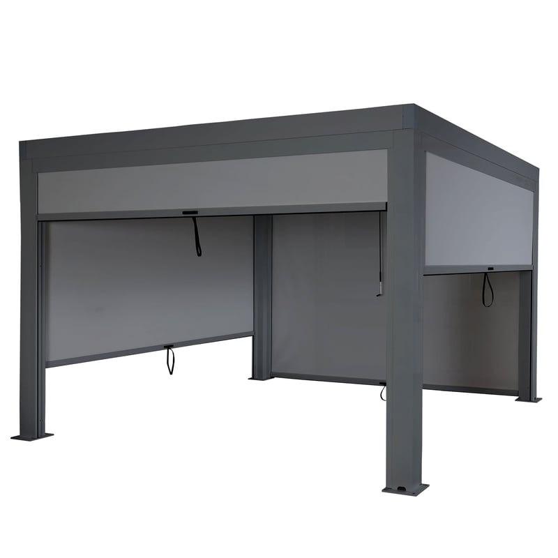 Pergola HWC-L46 z boczną ścianką, altana ogrodowa Altana z lameli Roleta, rama aluminiowa 10 cm, odporna na burzę 3 x 4 m ~ antracyt