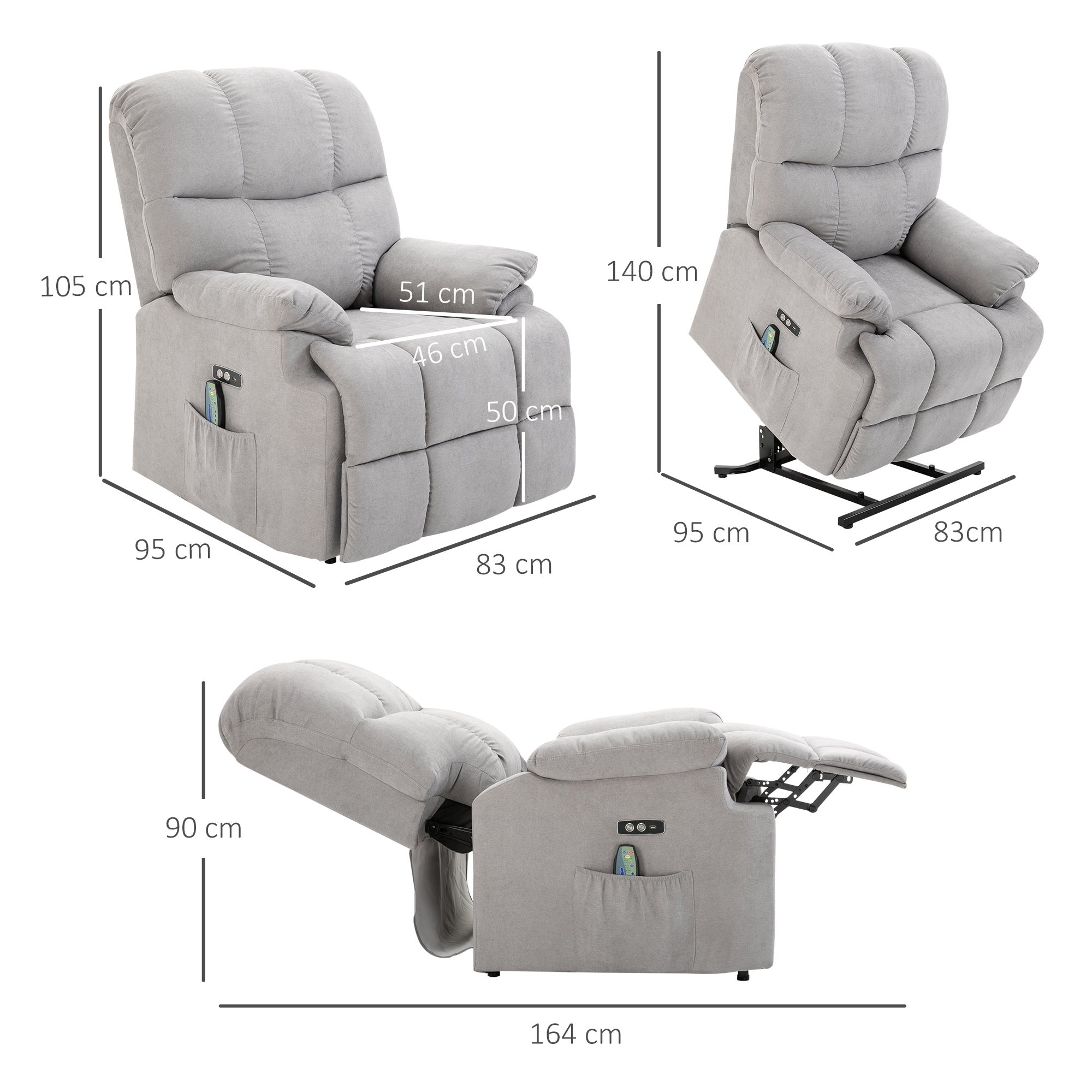 Fauteuil avec assistance relevage, fauteuil de massage, fauteuil inclinable avec port USB TV avec télécommande et poche latérale fauteuil TV - 4