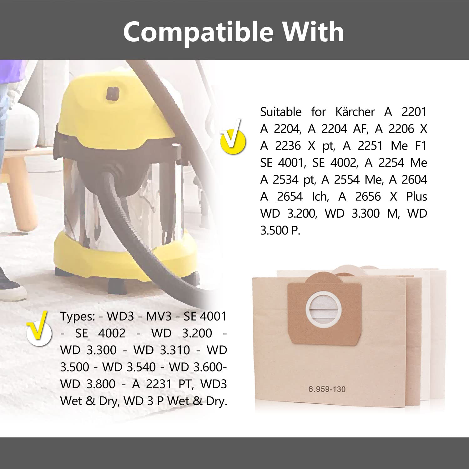 Filtre + 5 Sacs Poussière Pour Karcher WD3, WD3P, MV3 - Aspirateur Eau Et Poussière - Compatible Aussi Avec WD2, MV2, A2000