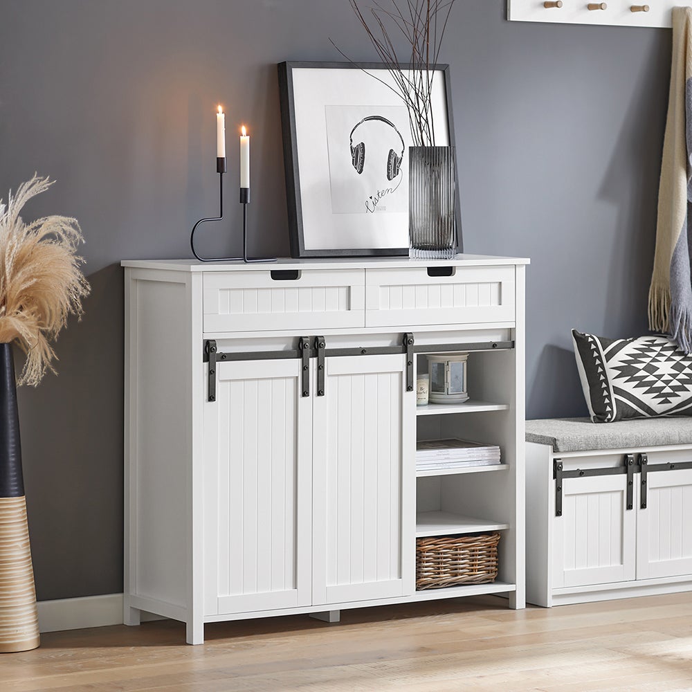 SoBuy FSB74-W Armoire de Rangement avec 2 Portes de Grange Coulissantes 2 Tiroirs 104x35x93cm Blanc - 8