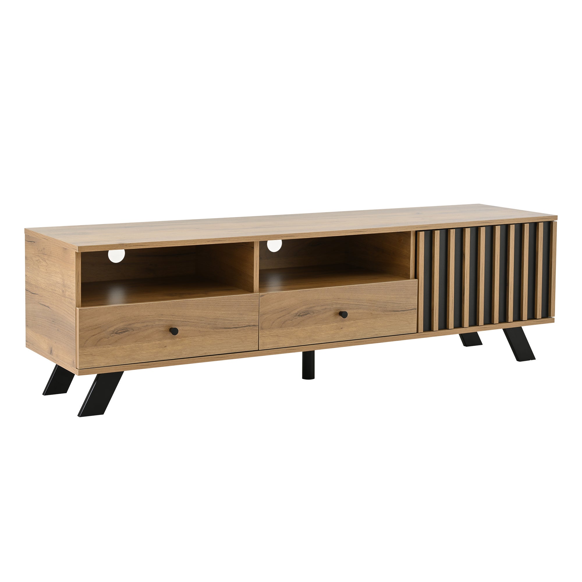 Meuble TV 150x38x44 cm - 2 tiroirs et 1 porte - 2 compartiments semi-ouverts - pour TV 60 pouces - naturel - 4