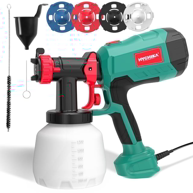 HYCHIKA Pistola per Verniciare, 600W HVLP Pistola a Spruzzo per Verniciare, Serbatoio da 1200ML 4 Ugelli e 2 Strumenti di Pulizia, Spruzzatore di Vern