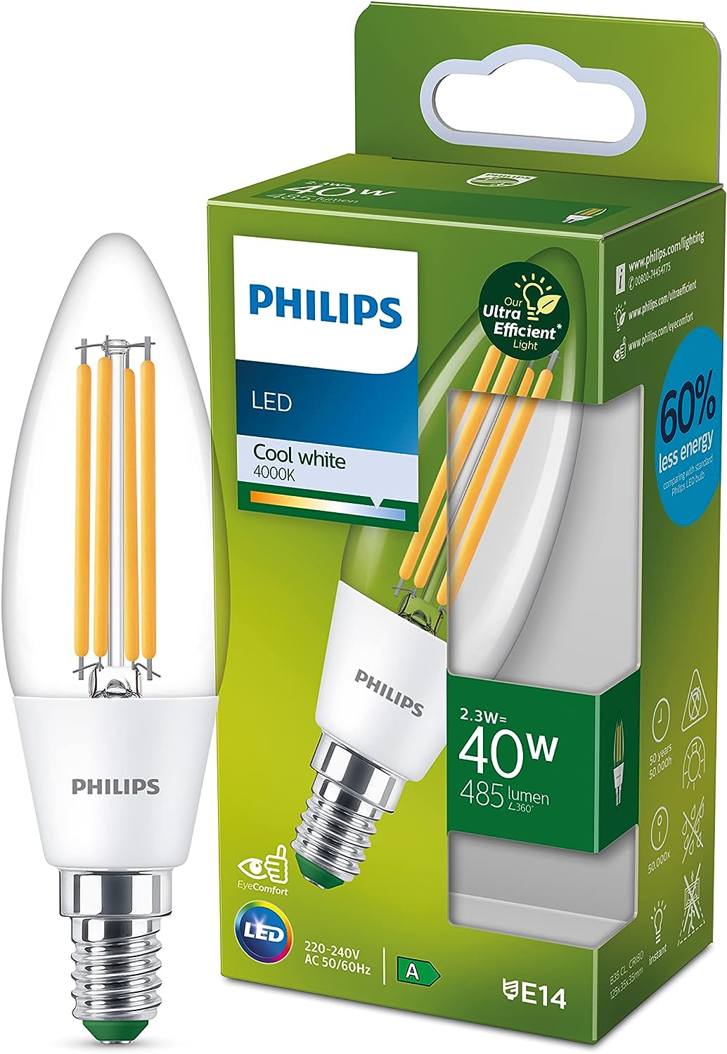 Philips Ampoule Led Ultra Efficient Culot E14 Format Flamme Classe