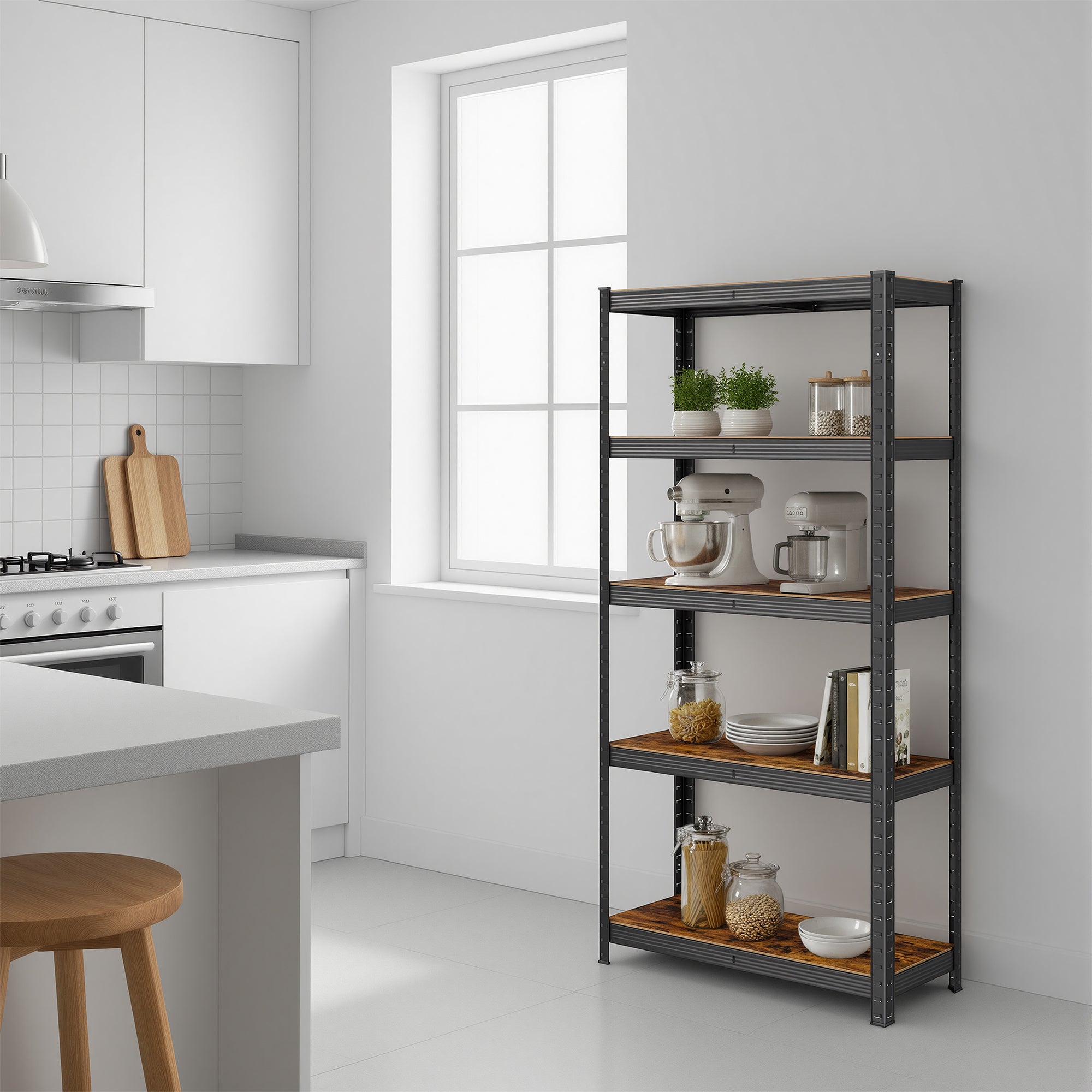 Étagère de rangement, bibliothèque, 5 niveaux, étagère de cuisine, étagères réglables, Marron et noir - 2