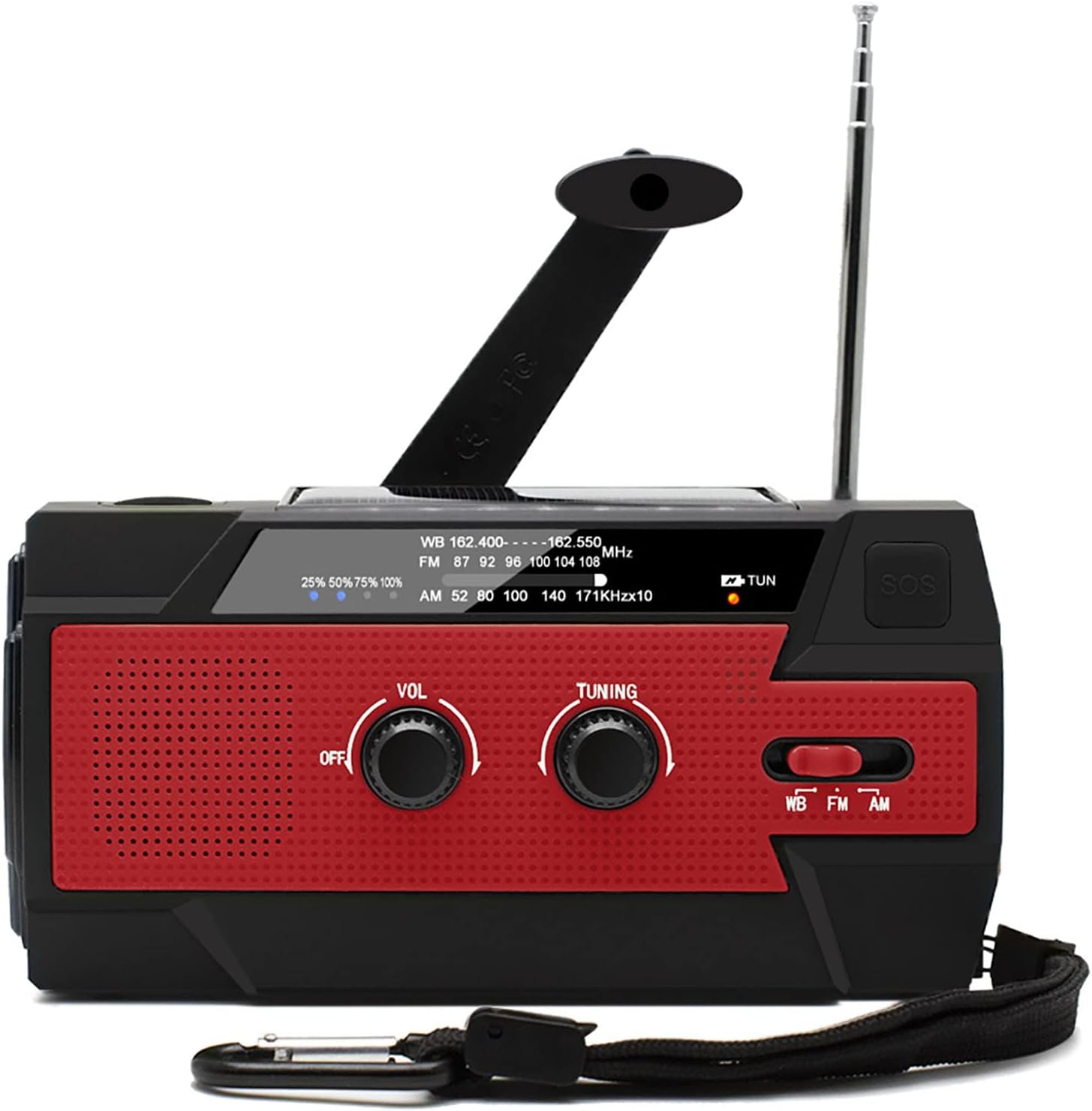 Radio z korbką ręczną 4000 mAh na energię słoneczną, czerwone – przenośne radio survivalowe – powerbank solarny – radio na plac budowy – z latarką i a