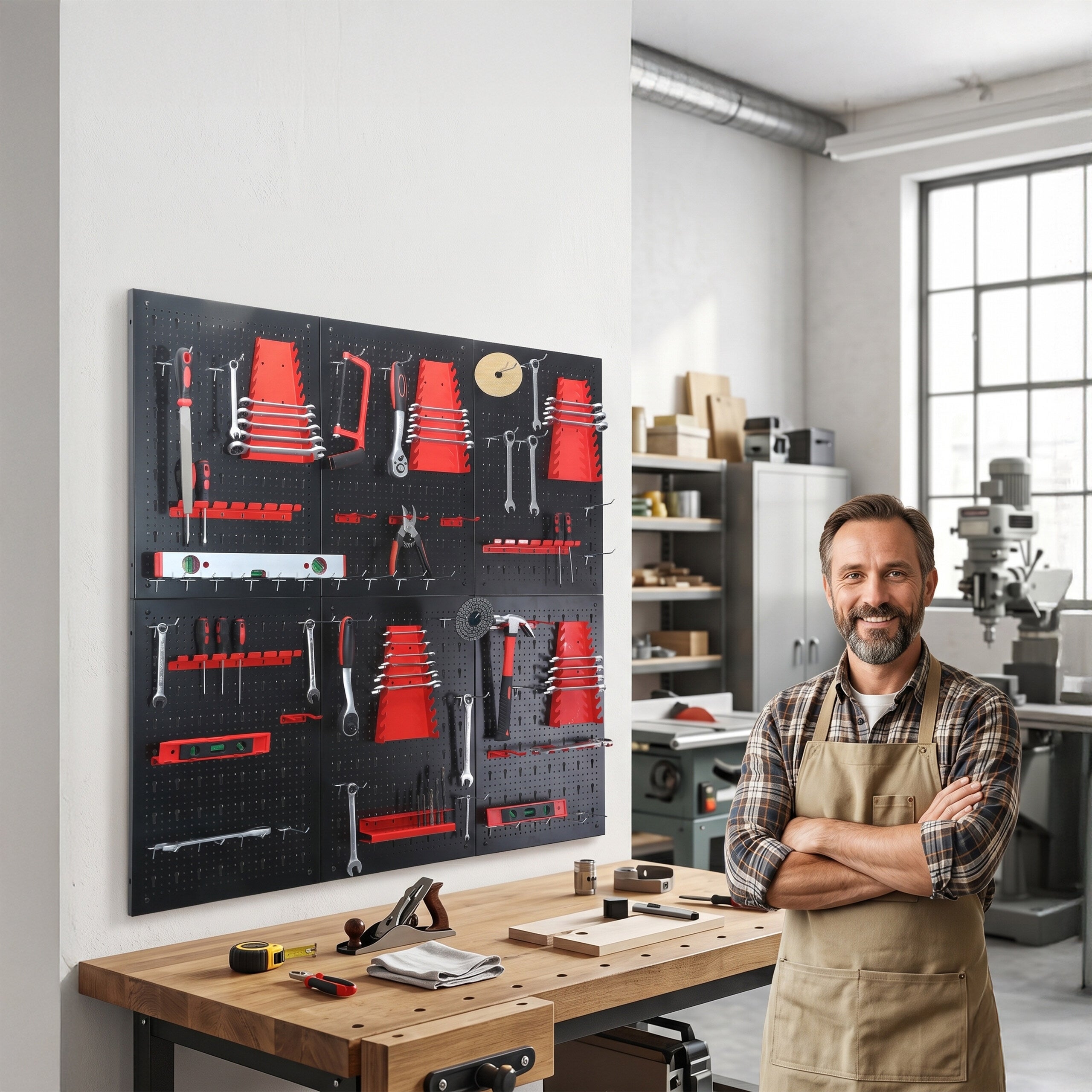 Panneau porte-outils 6 panneaux perforés, 58 accessoires, HxL 60x40 cm, métal, pour atelier, noir/rouge, Relaxdays - 7