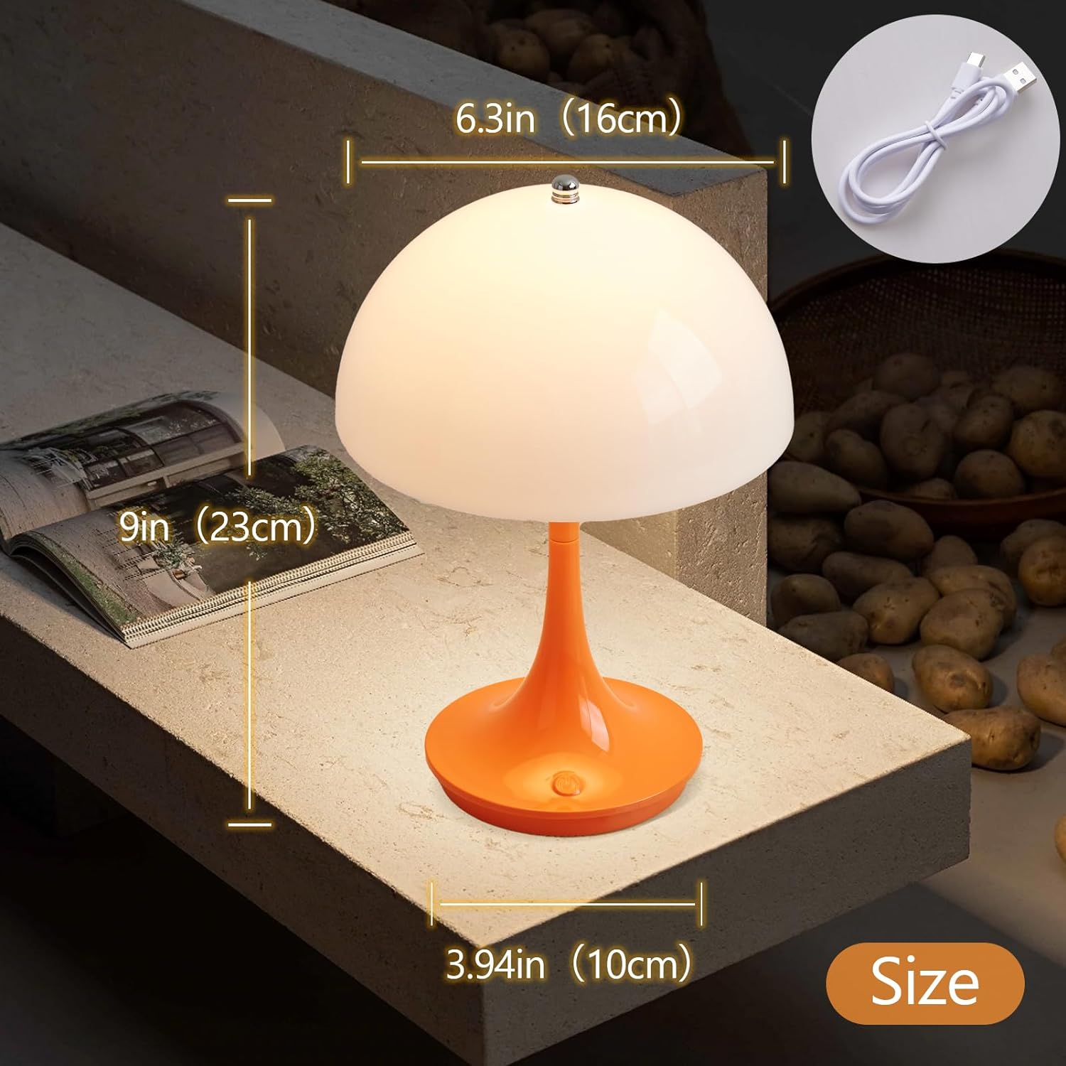 Lampe de chevet rétro, lampe de bureau LED rechargeable en forme de champignon à intensité variable à 3 niveaux, veilleuse à commande tactile, orange - 3