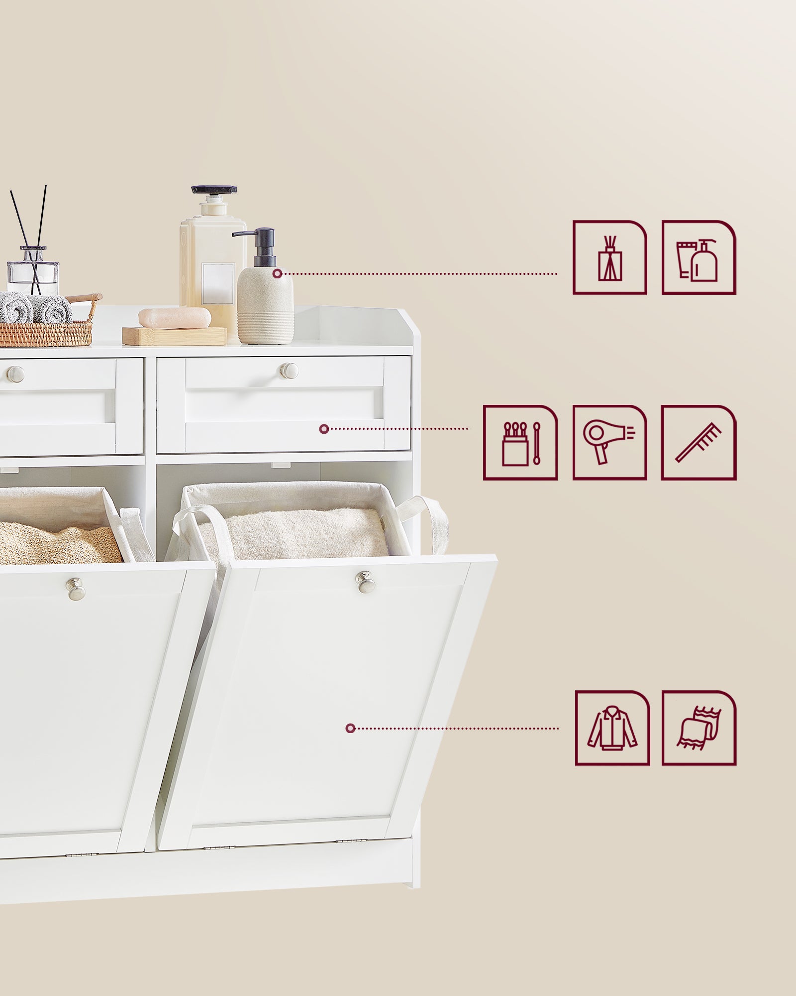 Meuble de Salle de Bain, Panier à Linge, avec Sac Intérieur Amovible avec Poignées, 2 Tiroirs et 2 Paniers à Linge, 40 x 78,9 x 80,2 cm, Blanc Nuage - 3