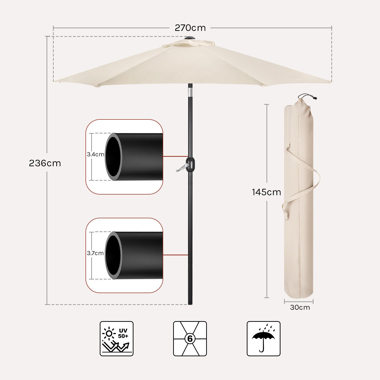WOLTU Parasol de Jardin, 270cm, Parasol Inclinable avec Manivelle, pour Jardin/Balcon/Terrasse/Plage/Marché, Tissu Anti-UV 180g/m², Beige - 4