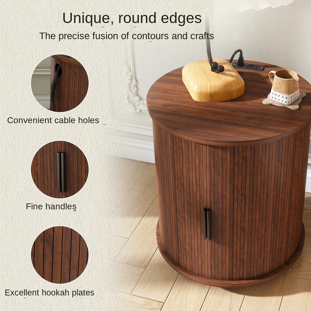 Table de Chevet Cylindrique Mid-Century avec Station de Charge (Prise + 2 USB), Porte Coulissante et Rangement - 5