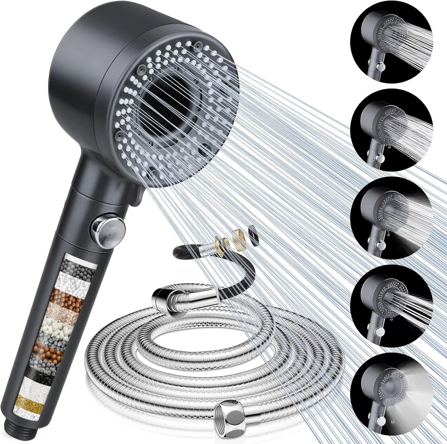 Cap de duș de înaltă presiune cu filtru, 5 moduri de pulverizare, anticalcar, economisire apă, furtun de 2 m pentru baie