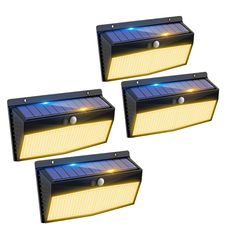 Zestaw 4 zewnętrznych solarnych lamp ściennych z czujnikiem ruchu, 368 LED, wodoodporne oświetlenie ogrodowe, 3 tryby oświetlenia, ciepłe światło