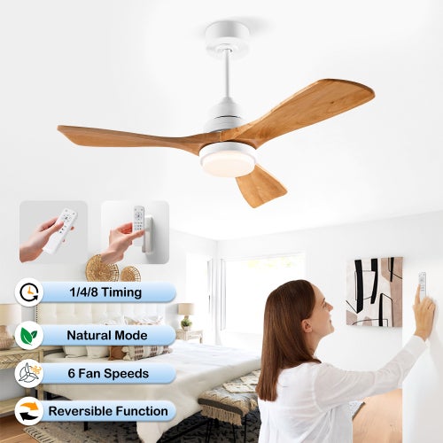 Ventilateur de plafond 114 cm - Avec éclairage et télécommande - Moteur DC réversible - 3 pales en bois - Blanc et naturel - 5