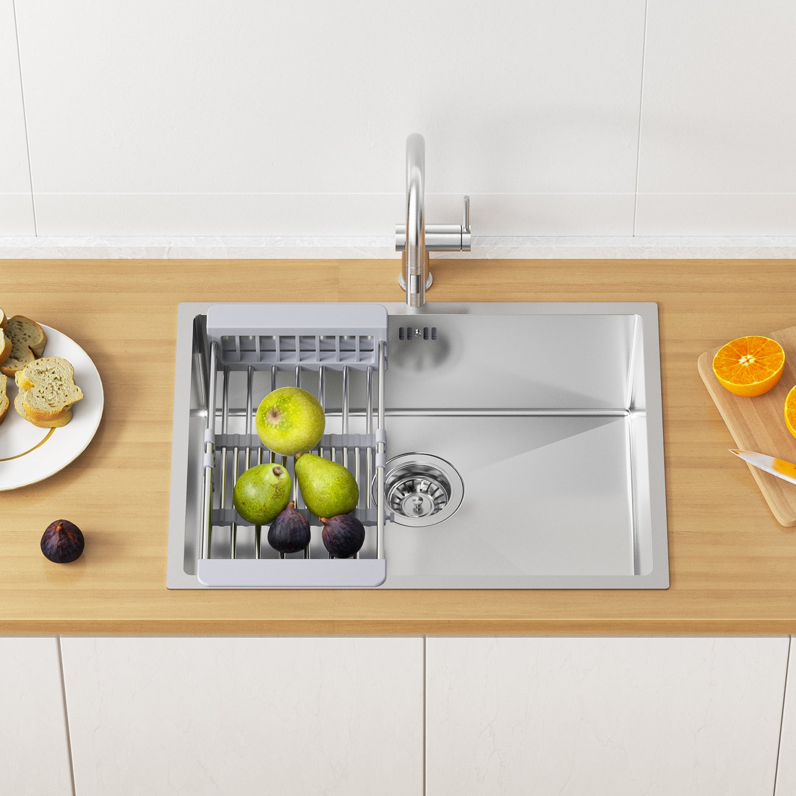 Auralum max Évier Inox, Évier Cuisine 1 Bac 60*44cm Avec Panier de Drainage, Évier Cuisine Argent - 2