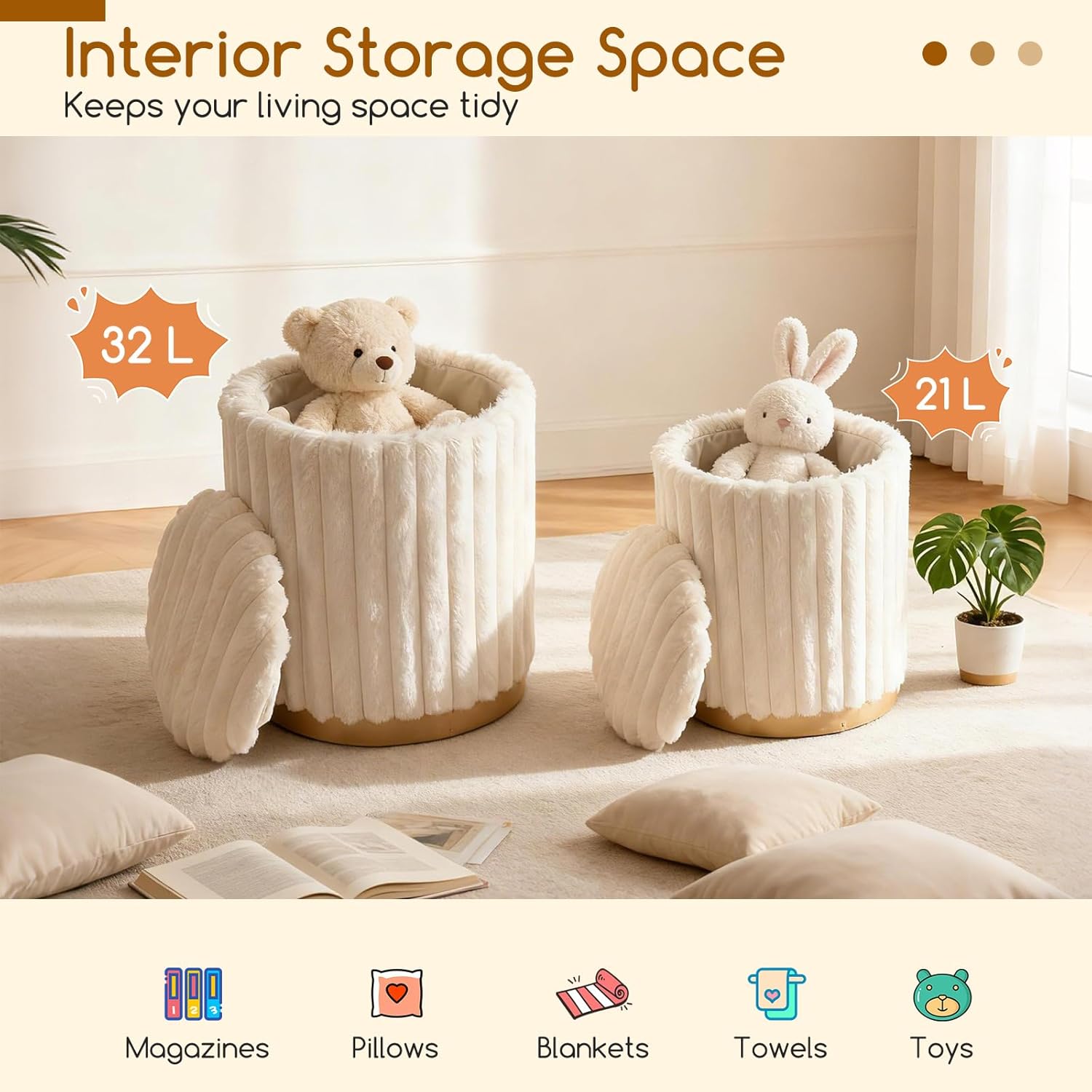 Pouf Repose-pieds Rembourré en Poils de Lapin avec Couvercle Amovible et Conteneur Caché Tabourets Empilables pour Salon et Chambre à Coucher, Beige - 3