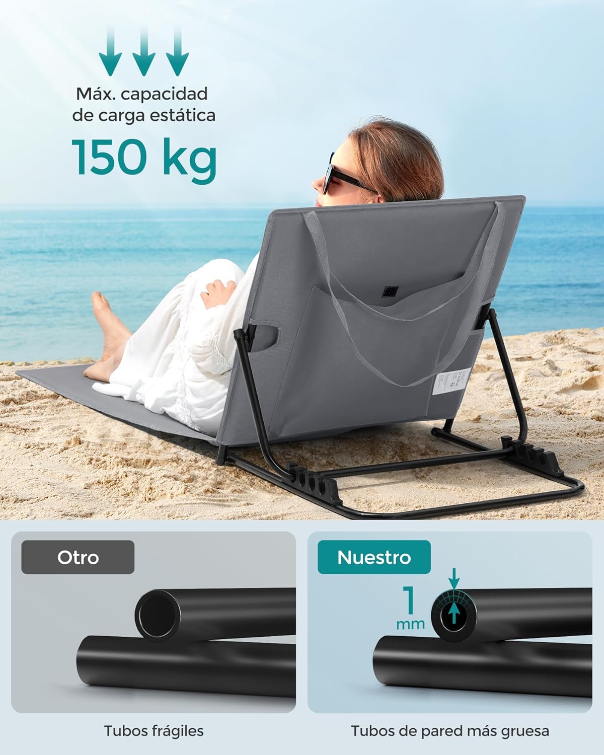 Juego de 2 Tumbonas de Playa, Tumbona, Respaldo Basculante, Portátil con Asa, para Camping Jardín Piscina, 158 x 55 cm, Gris Pizarra - 4