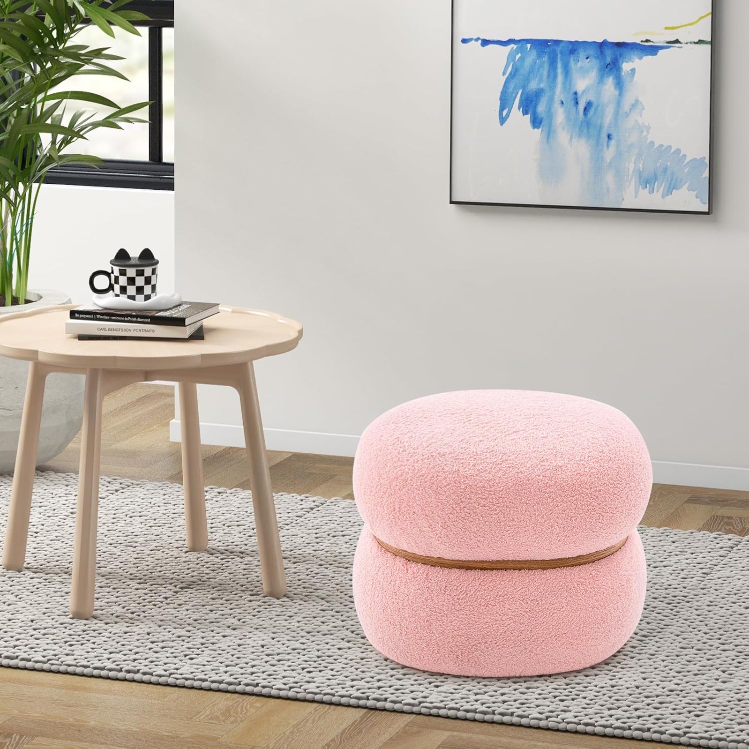 Tabouret de Coiffeuse en Fausse Fourrure, Pouf, Repose-Pieds Rembourré, Base Stable et Patins Antidérapants, Max.300kg, 44x35x35cm, Rose - 7