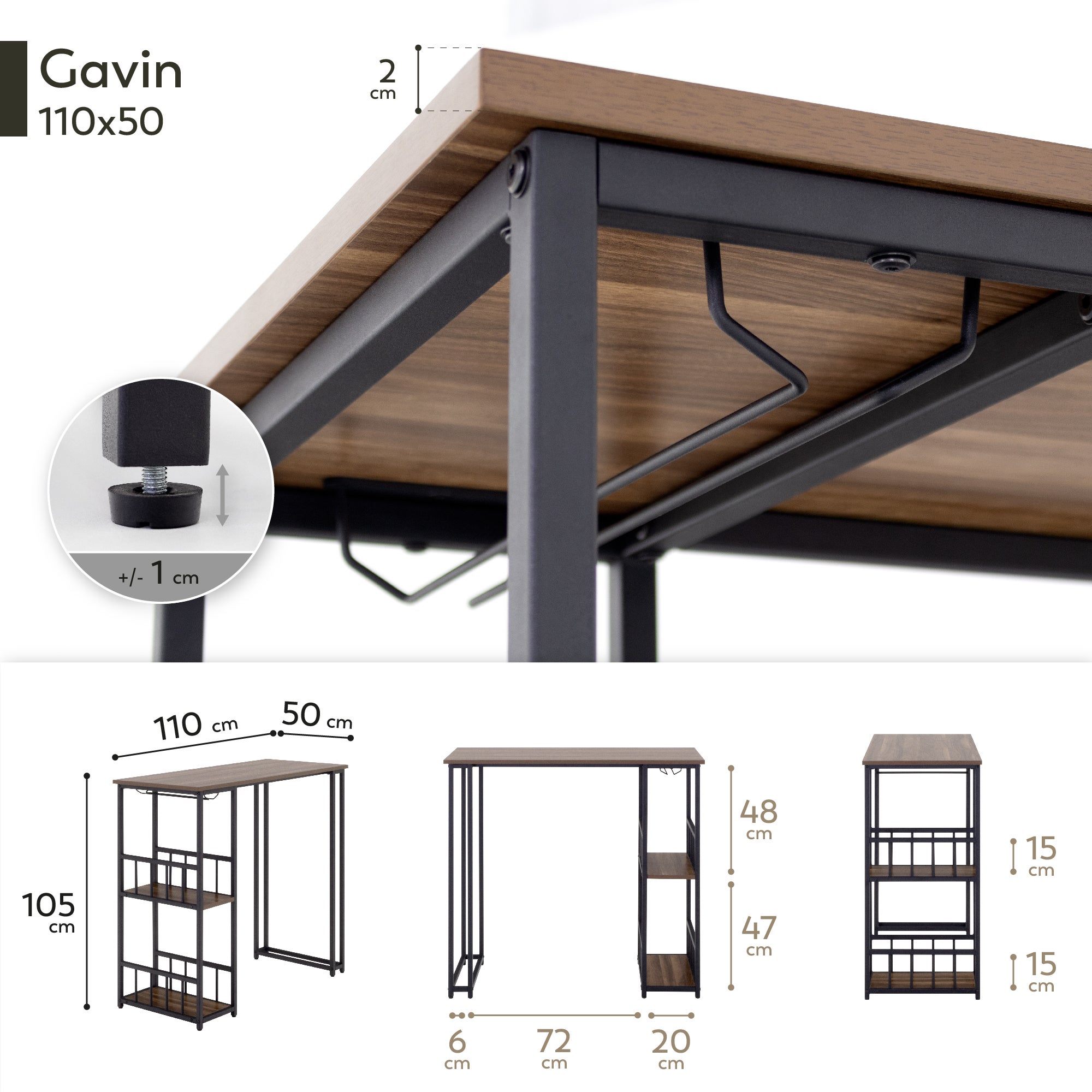 Mesa de Bar Gavin 110 x 50 x 105cm c/ 2 Estantes e Suporte p/ Copos, Estrutura Robusta em Metal, Pés Antiderrapantes, Fácil de Montar, MOG CASA - 7