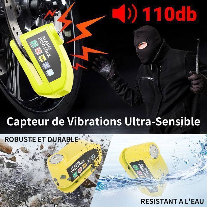 Antivol Moto Bloque Disque , 110dB Alarme Antivol Scooter Bloc Disque pour Moto/Trotinette/Vélo, 1.2m Câble Rappel + 2 Clés - 7