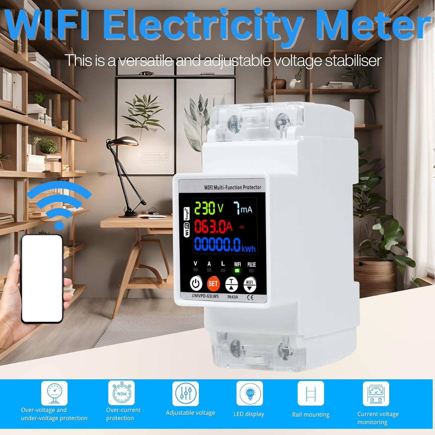 Protection Contre Les Surtensions, 230V Stabilisateur de Tension 63A Compteur Electrique Intelligent Disjoncteur WiFi Tuya sur Rail DIN écran Couleur - 2