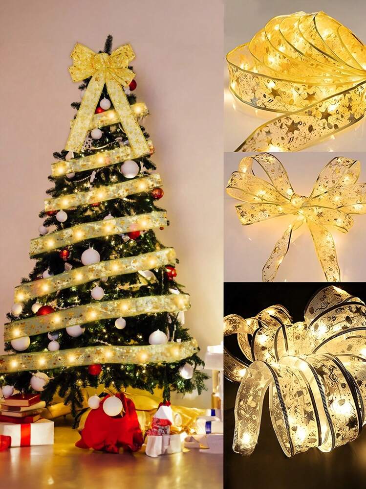 Luzes de fadas de natal, decorações para árvores de natal, luzes de corda de fita dourada, decoração de natal, luzes de fita de natal de 4m - 9