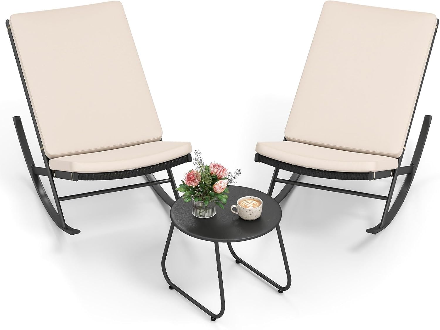 Lot 2 Fauteuils Bascule Rocking Chair Acier + Textilène – Jardin, Terrasse, Balcon, Noir 53x92x86 Cm