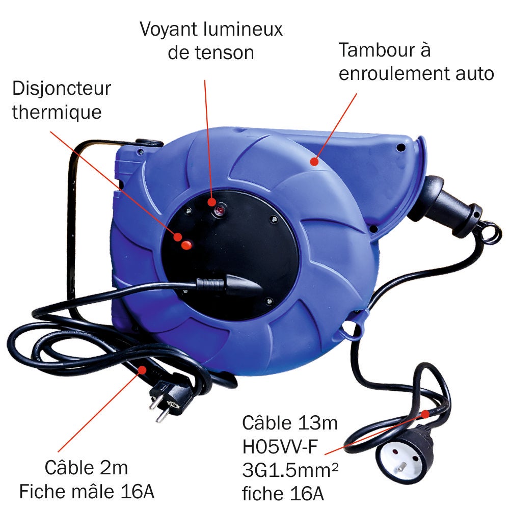 Enrouleur mural auto 15m 3G1.5 avec voyant + disjoncteur thermique - garantie 2 ans - 2