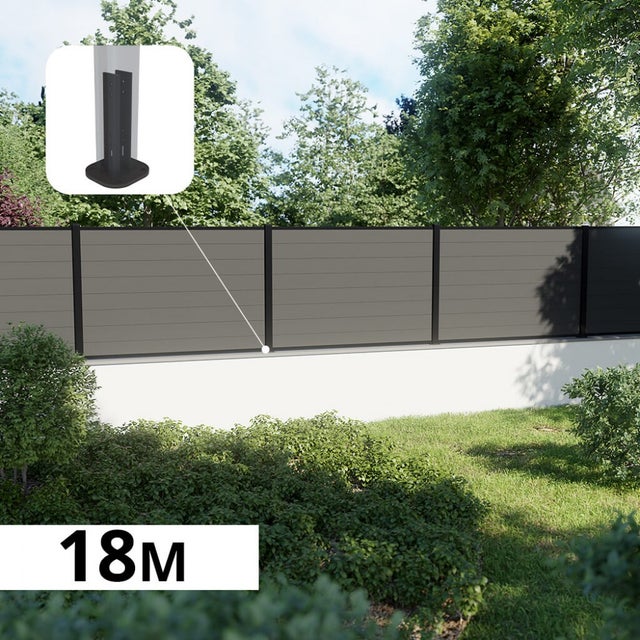 Kit Clôture Composite sur Muret RIO Platine 18x1,2m - Bois composite & Aluminium - Poteaux sur Platines Noir - Brise vue