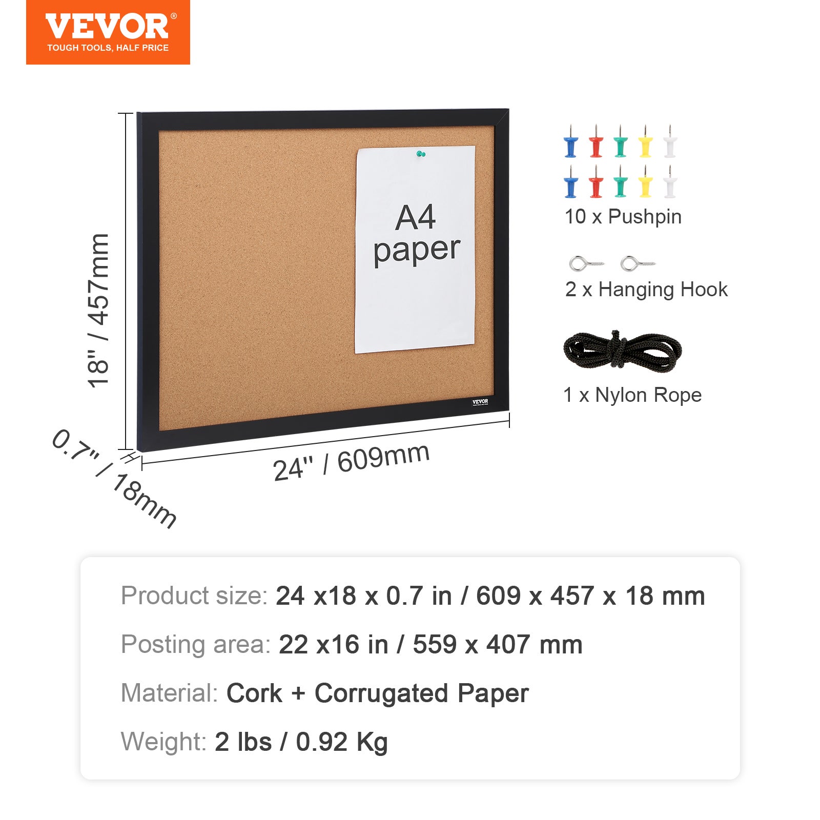 Tableau en Liege VEVOR 46x61 cm Tableau deAffichage Double-Face Panneau d’Affichage en Liege Haute Densite Auto-Reparatrice avec Cadre en MDF 10 Punai - 7