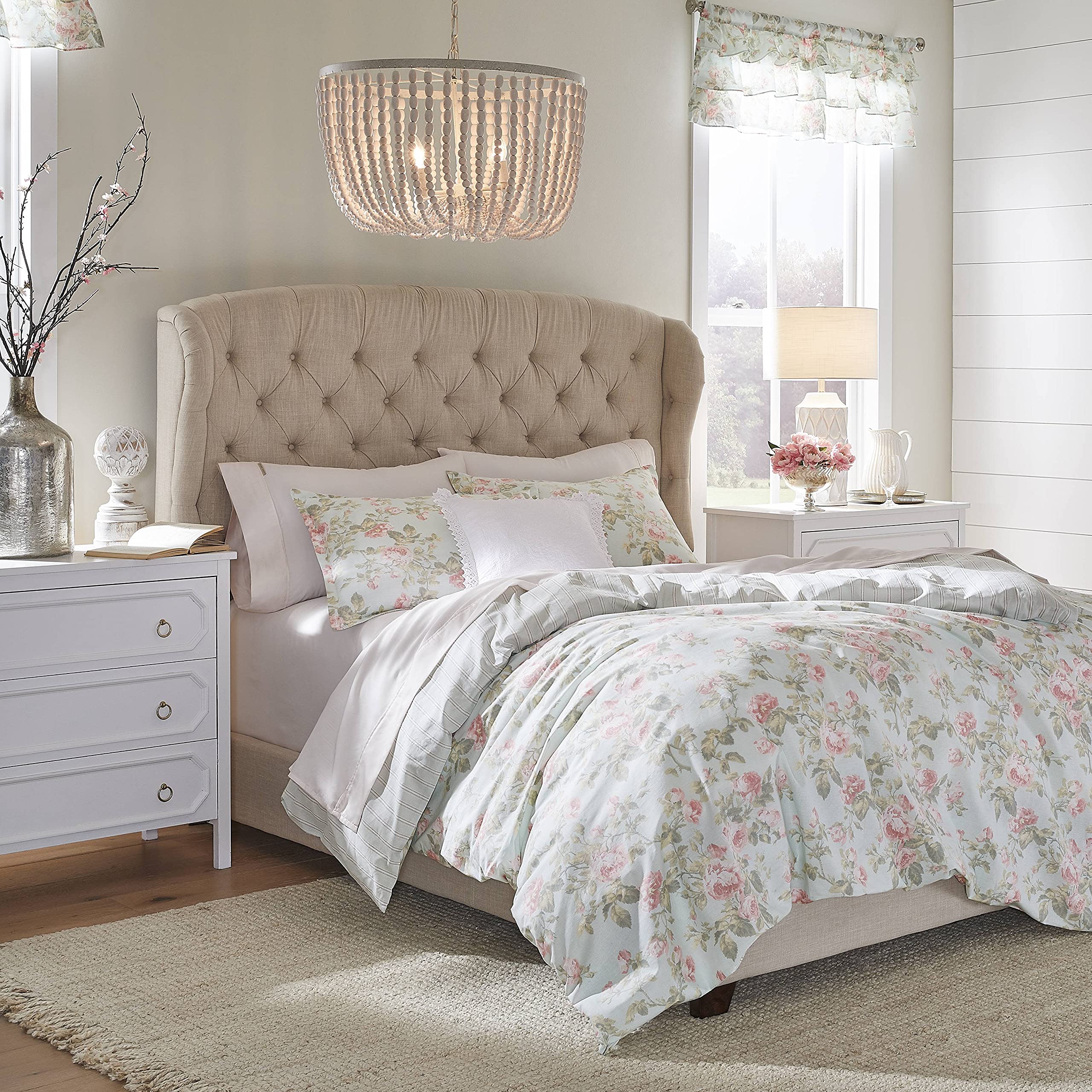 Laura Ashley Set di biancheria da letto reversibile in cotone, per tutte le stagioni, motivo cottage, Joyce rosa/bianco, Twin