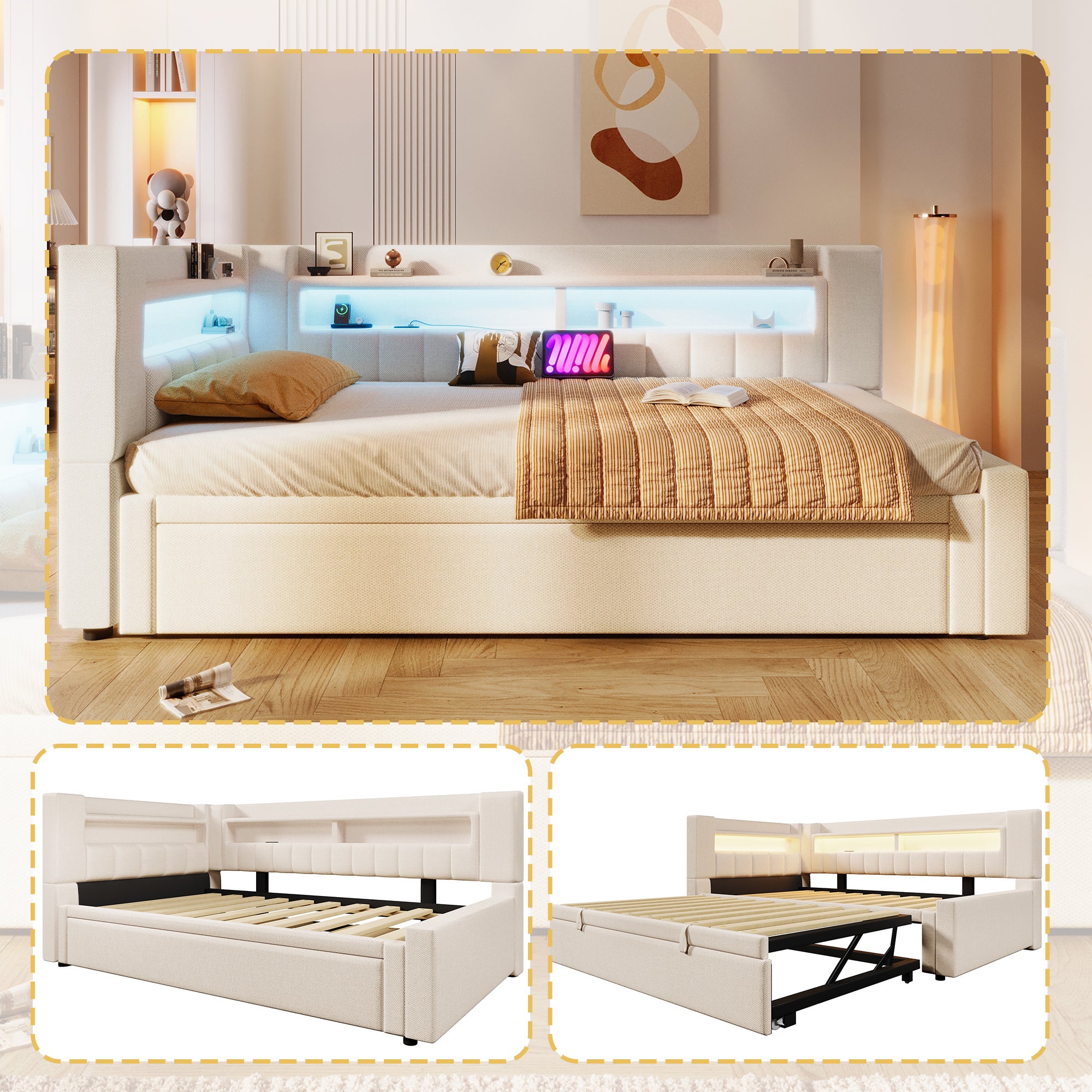 Łóżko wysuwane 90/180 x 200 cm z przegródkami i gniazdem USB/typu C, sofa rozkładana - Tkanina lniana - Beżowy (Materac nie jest wliczony w cenę)
