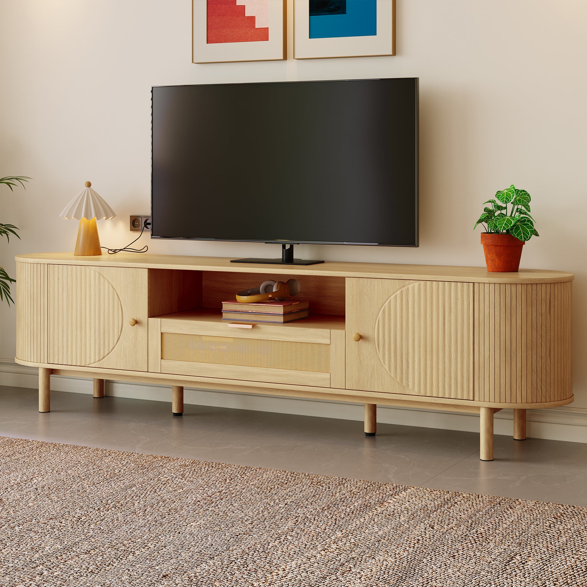 Meuble TV bas 175x36x51 cm couleur boir, Meuble tele avec tiroirs et pieds métal, Plateau arrondi et 5 rangements - 2