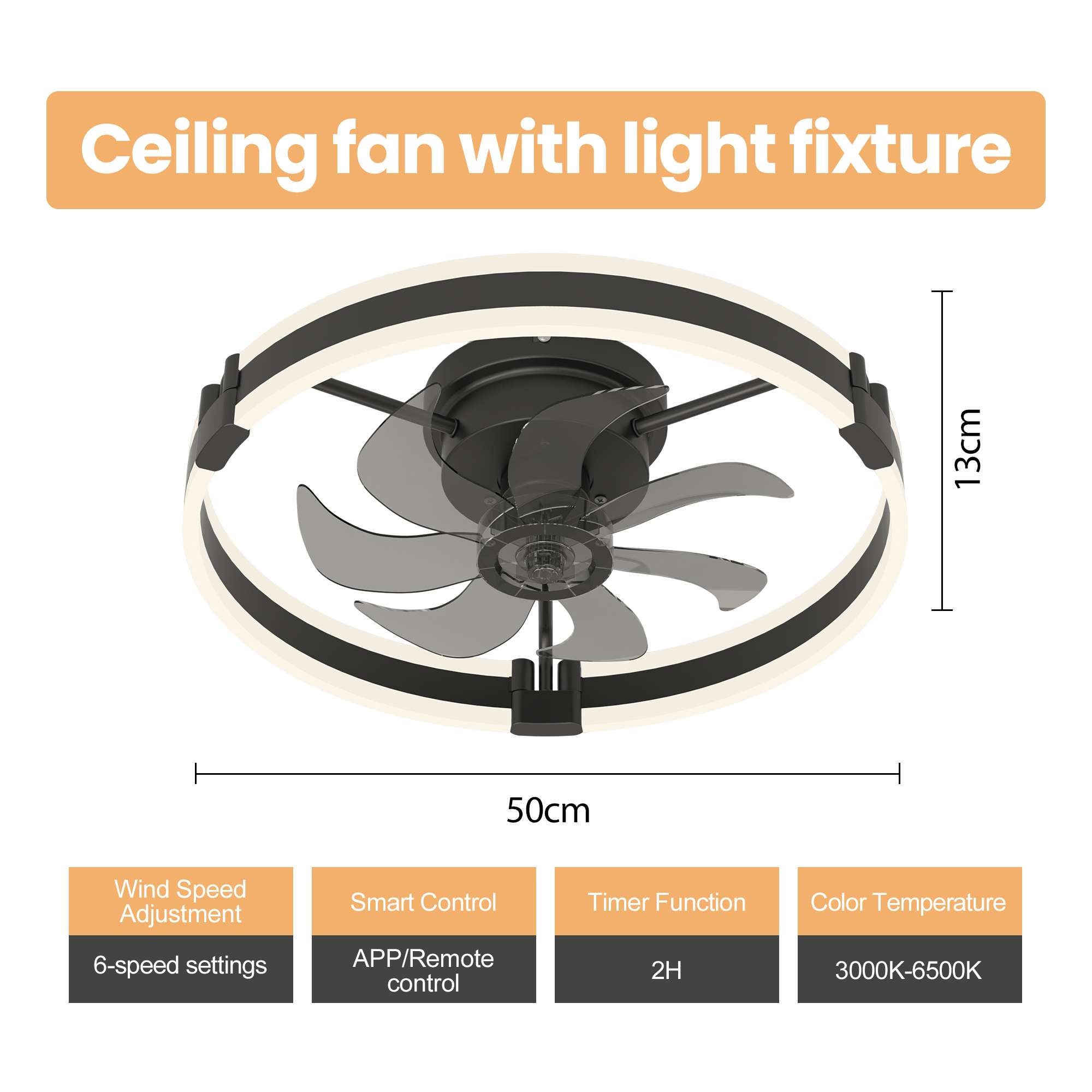 Ventilateur plafond LED 50cm avec lumière, APP et télécommande, 6 vitesses, dimmable 10-100%, 3000-6500K, silencieux 30dB, chambre salon - 3