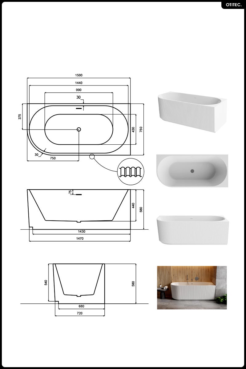 Bañera asimétrica - 150 x 75 cm - Derecha - Con sifón Cromado - Pies - INCLUIDOS - DENAYA - 5