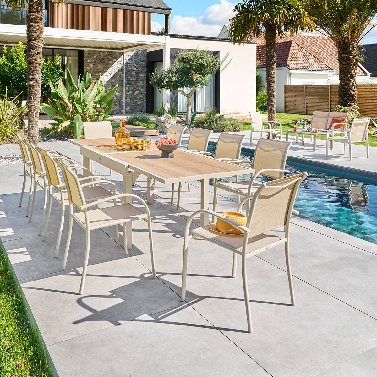 Table de jardin extensible rectangulaire en Verre Beige 10 places - 7