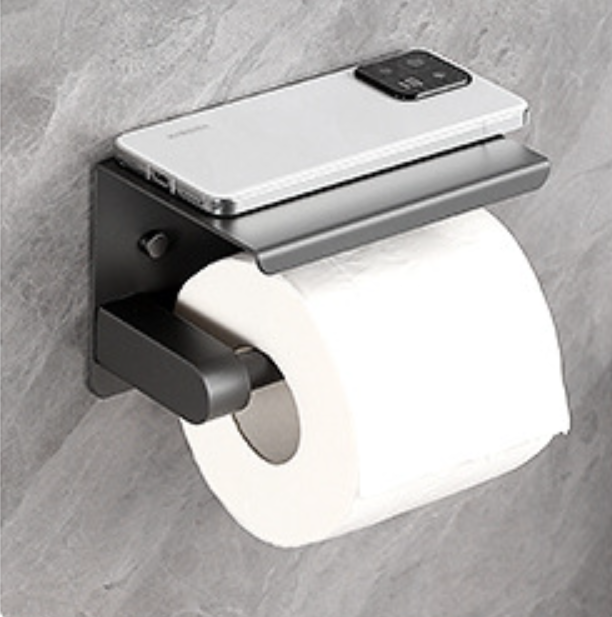 Porte-rouleau de papier toilette mural en acier inoxydable non perforé, 14 x 10 x 10 cm, avec support de rangement pour téléphone (gris) - 2