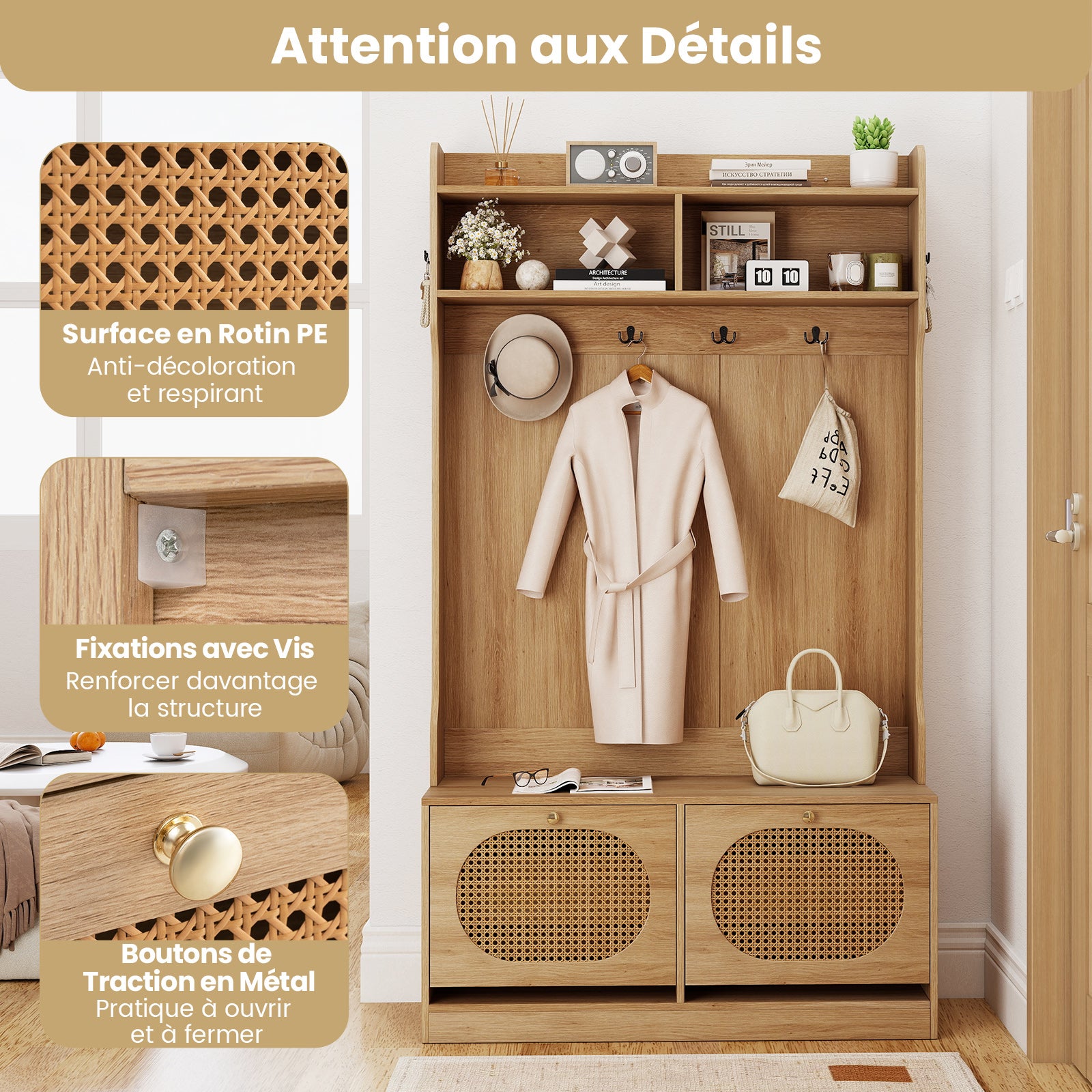 Porte-manteau d'Entrée 4 en 1, avec Banc, Tiroirs à Abattants, 6 Crochets Doubles et Portes en Rotin Synthétique, 101,5 x 40 x 180 cm, Naturel - 6