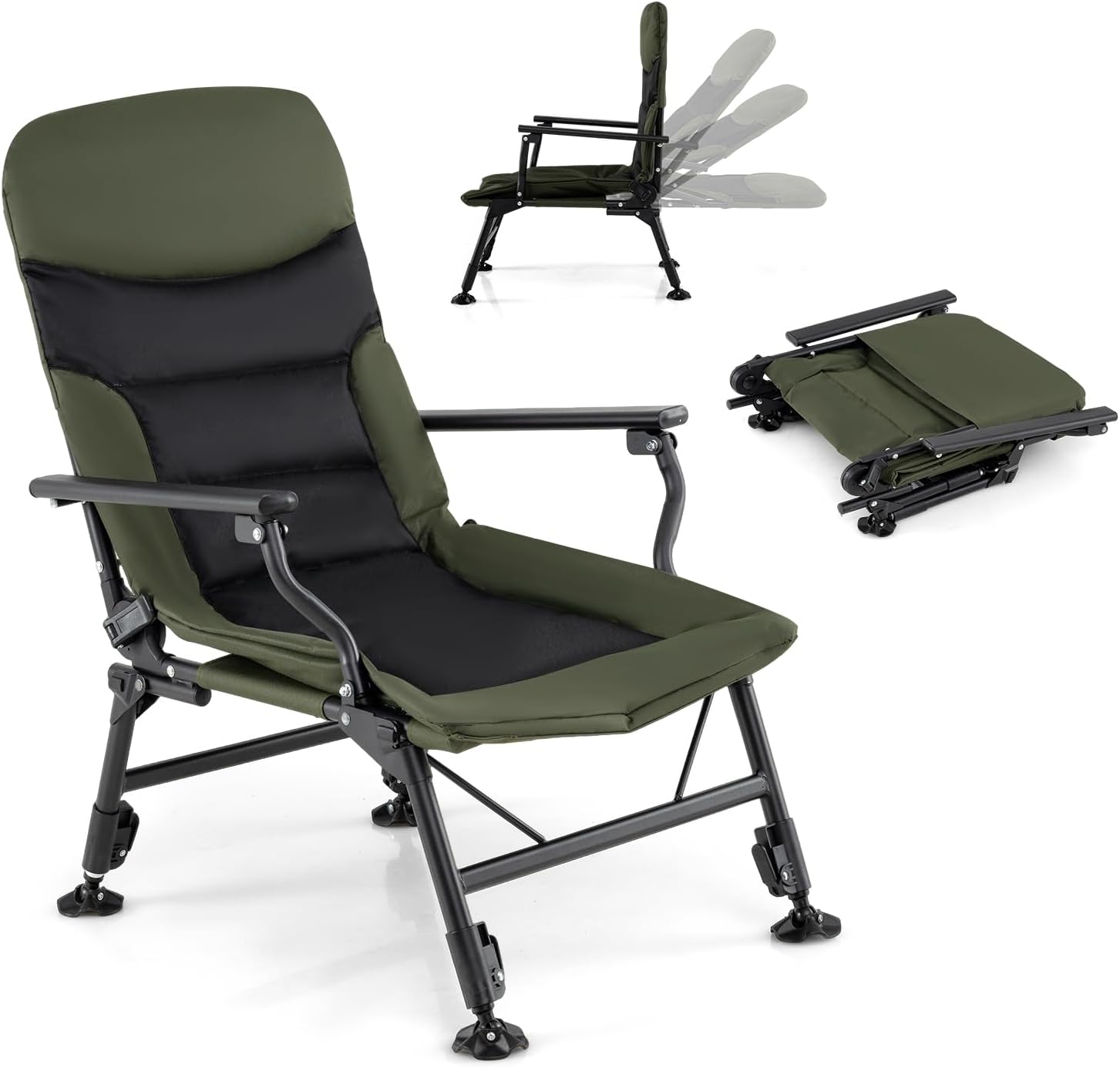 Składane Krzesło Wędkarskie, Tapicerowane Krzesło z Oparciem Regulowanym do 180° i Podnoszonymi Nóżkami, Obciążenie do 150 kg, Ogród