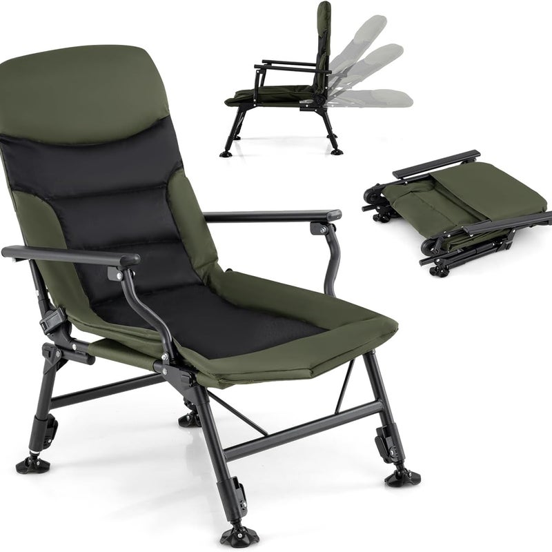 Składane Krzesło Wędkarskie, Tapicerowane Krzesło z Oparciem Regulowanym do 180° i Podnoszonymi Nóżkami, Obciążenie do 150 kg, Ogród