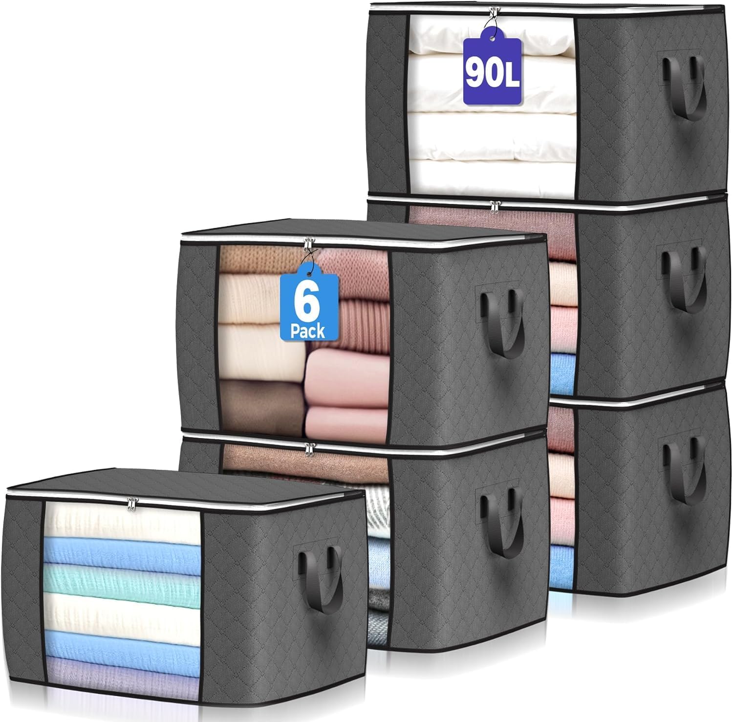 Gris, lot de grands sacs de rangement pliables de 90 L avec