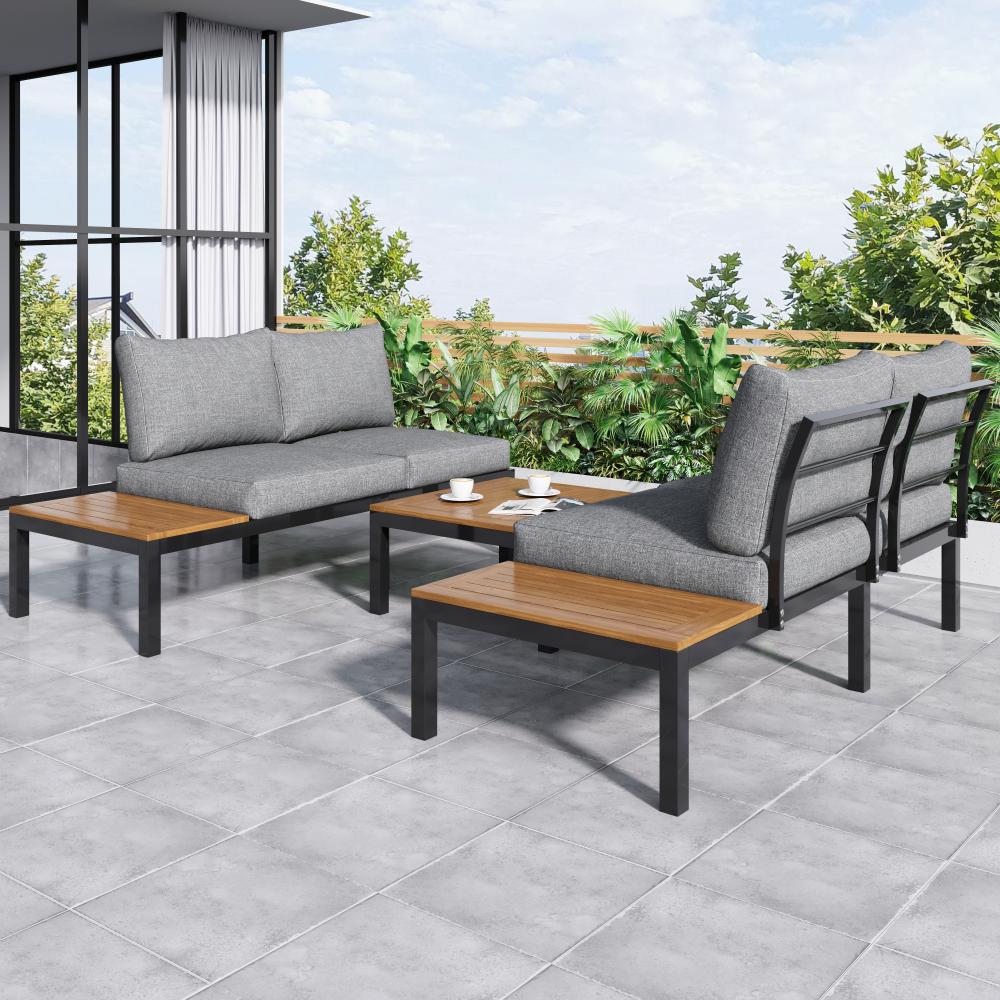 Ensemble Lounge de Jardin avec Structure en Acier Galvanisé, 2 Canapés 2 Places, 2 Tables Basses, 1 Table, Plateau en Bois d'Acacia - 8