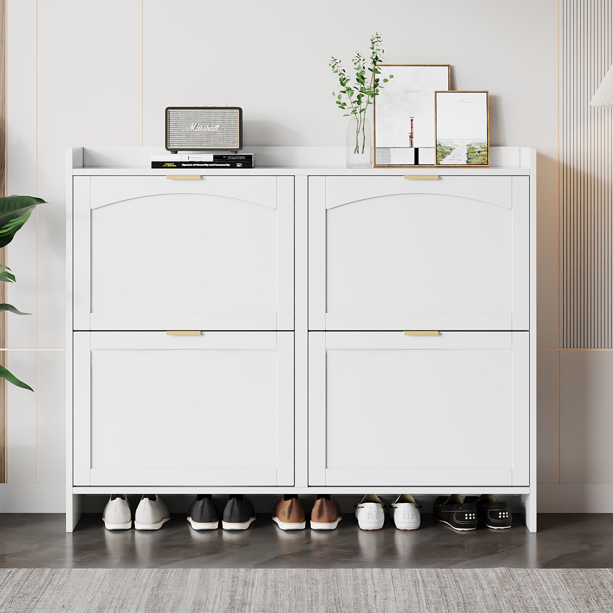 Meuble à chaussures avec 4 portes à rabat - 110 x 24 x 90 cm - Panneau de particules - Blanc - 2