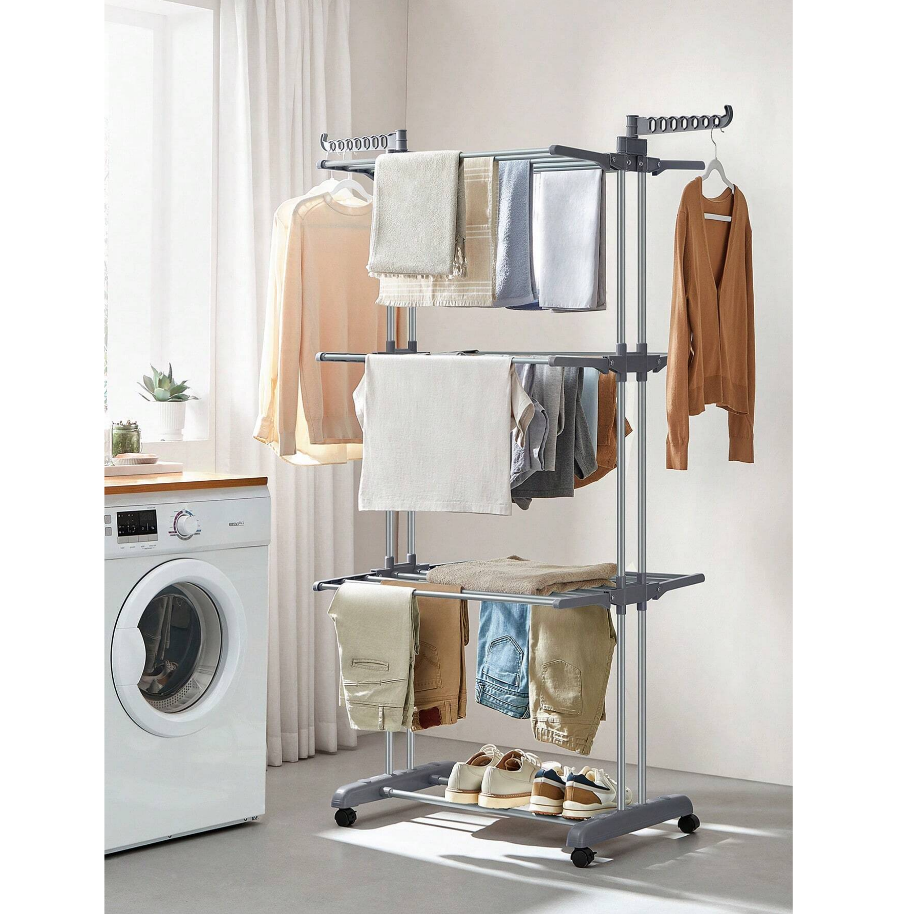 Étendoir à Linge,Séchoir Mobile à 4 Niveaux,avec Roulettes,Pliable,63,5 x 128 x 173 cm,Montage Facile, Utilisation Intérieure et Extérieure,Gris - 2