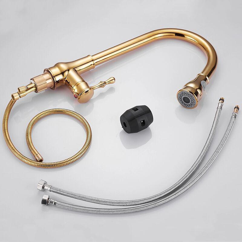 Robinet de Cuisine avec Douchette Extensible MitigEU Monocommande Evier Rotatif à 360° Chaud et Froid Réglable Doré - 5