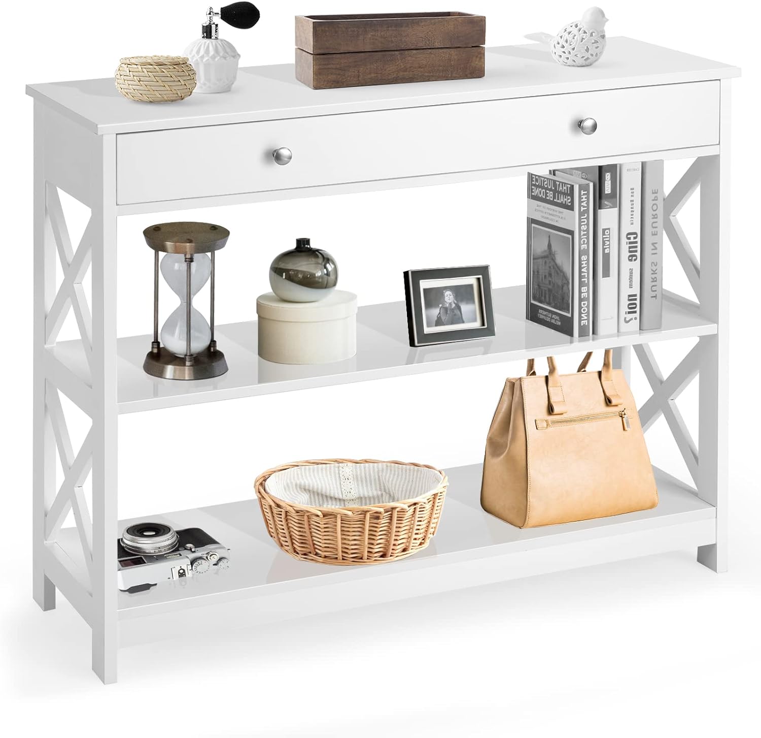 Stolik Konsolowy 3-Poziomowy, Designerski i Nowoczesny, Stolik Pomocniczy z 2 Półkami i Szufladami, Biały