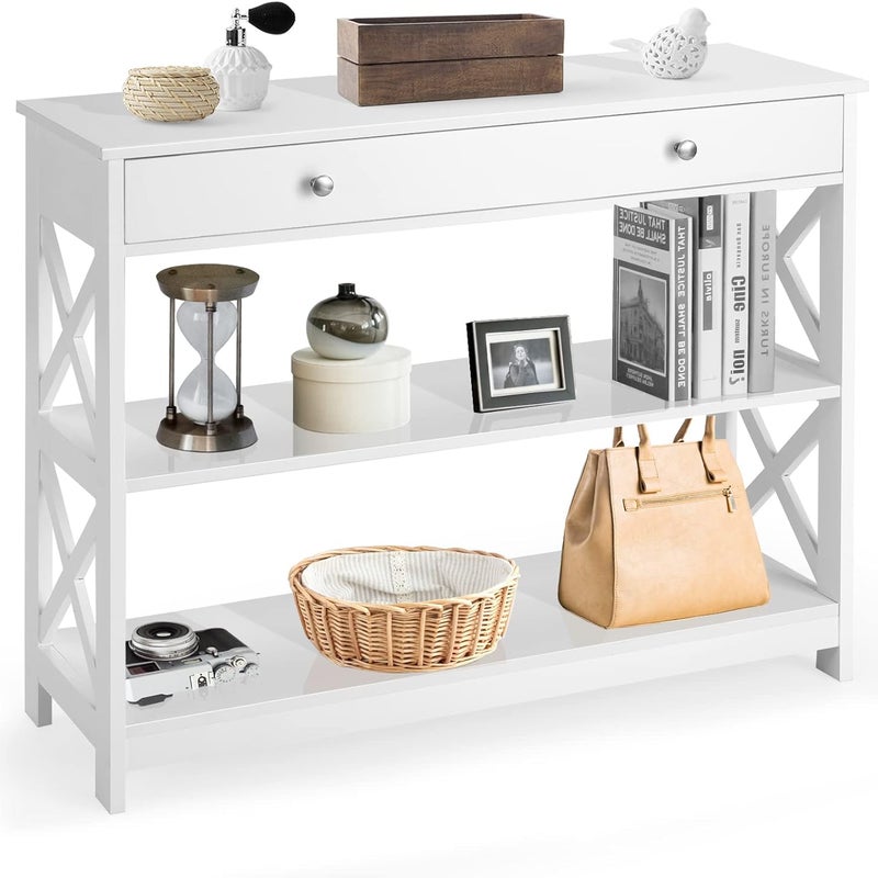 Stolik Konsolowy 3-Poziomowy, Designerski i Nowoczesny, Stolik Pomocniczy z 2 Półkami i Szufladami, Biały