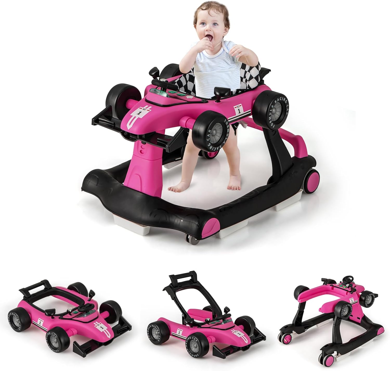 Chodzik dla Niemowląt, 4 w 1 z 3 Regulowanymi Wysokościami, Składany z Muzyką i Światłem, dla Dzieci w Wieku 6-18 Miesięcy (Jasnoróżowy)