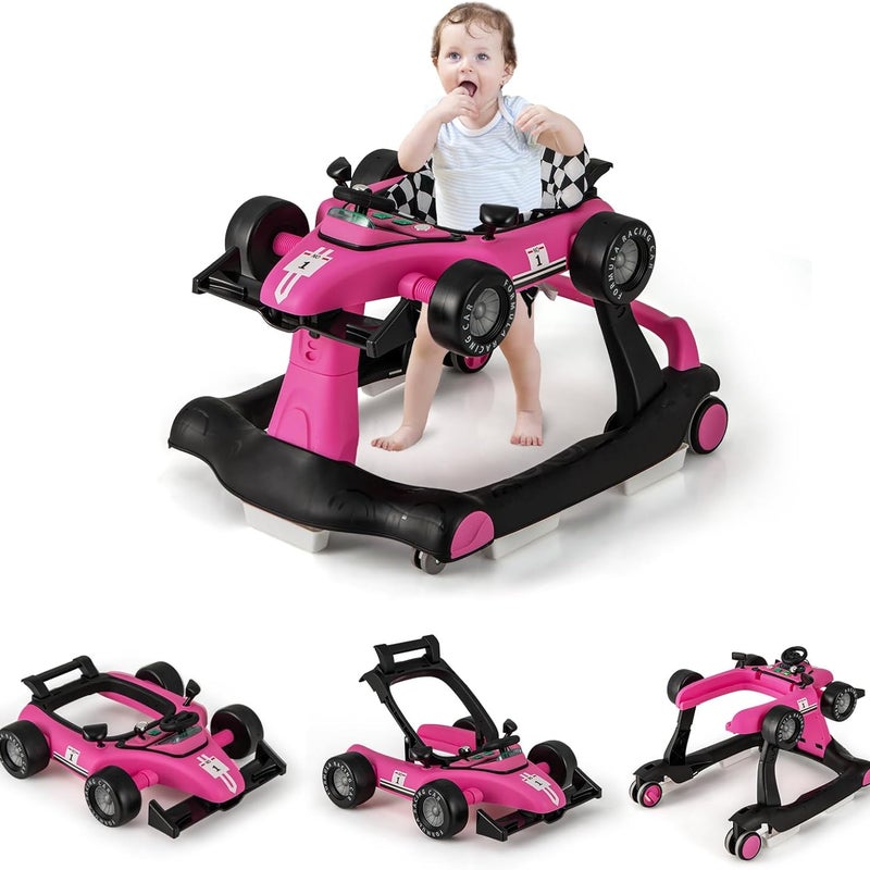 Chodzik dla Niemowląt, 4 w 1 z 3 Regulowanymi Wysokościami, Składany z Muzyką i Światłem, dla Dzieci w Wieku 6-18 Miesięcy (Jasnoróżowy)