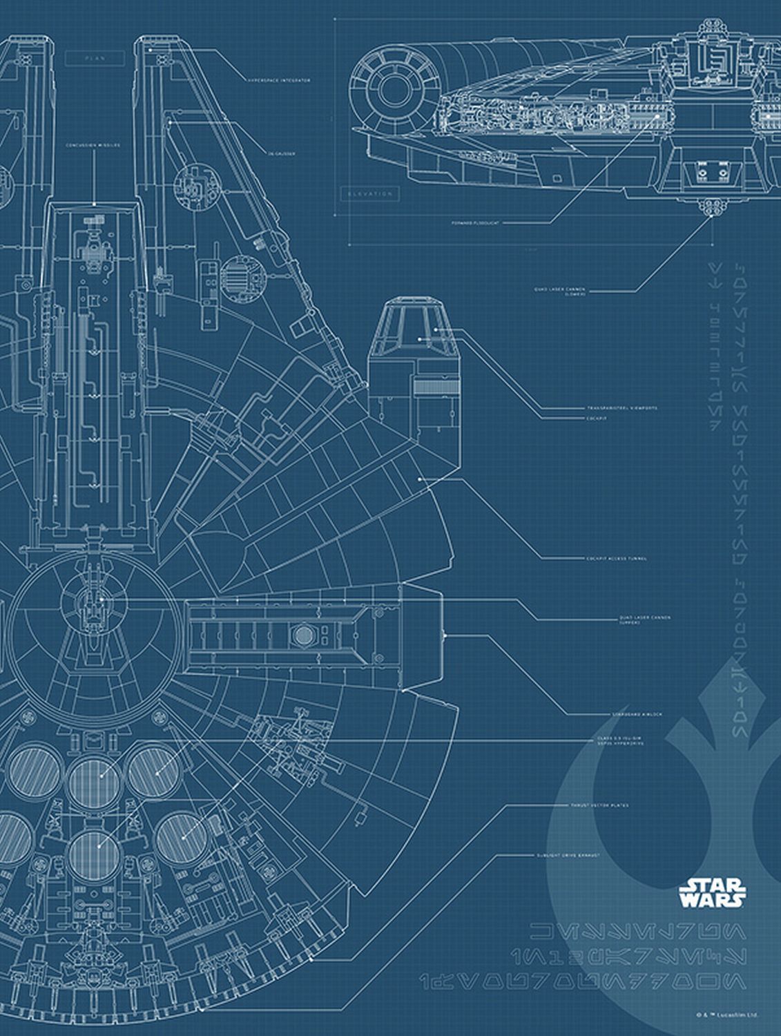 Póster decorativo star wars blueprint falcon azul oscuro - 30 x 40 cm - sanders & sanders
