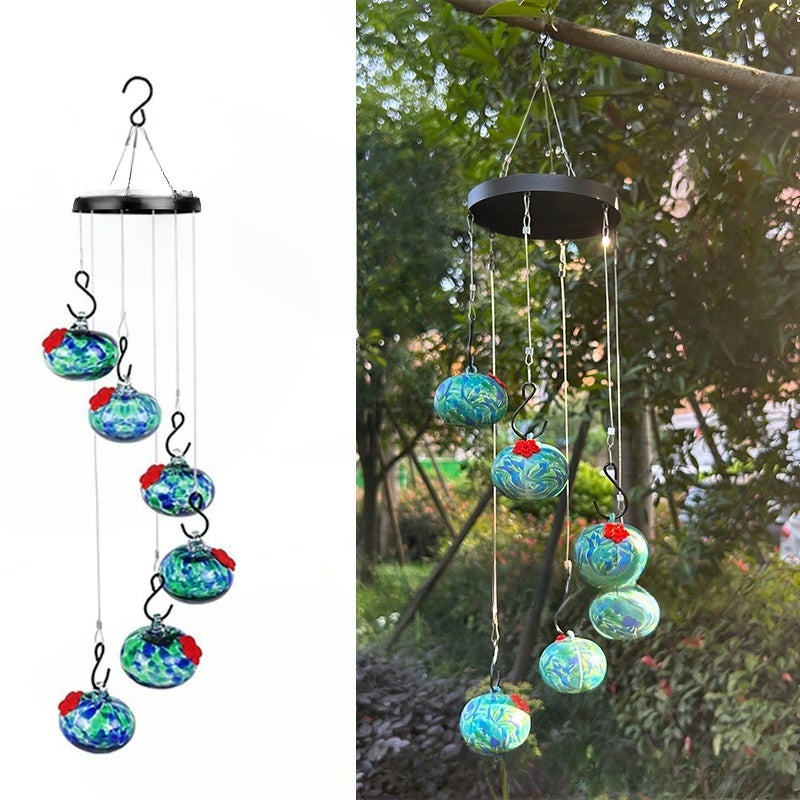 Karmnik dla kolibrów z dzwonkiem wietrznym, dekoracja ogrodowa, karmnik dla ptaków [niebieski]